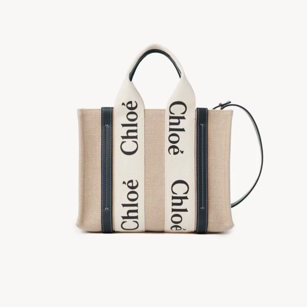 Chloé Beige Canvas Mini Woody Tote with Blue Trim and Logo Straps - Picture 10 of 10